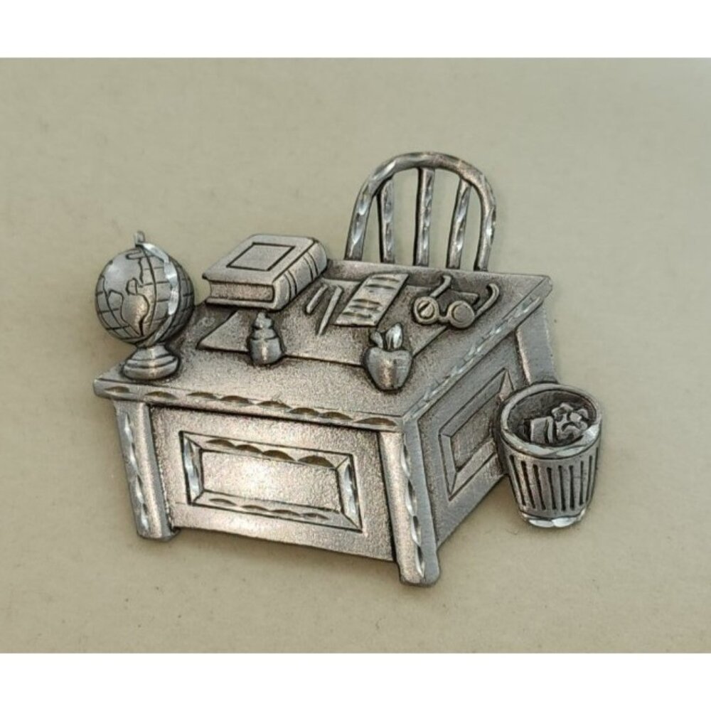 Vintage JJ Jonette Pewter‎ Brooch Pin Teachers Desk Academia Silver Tone